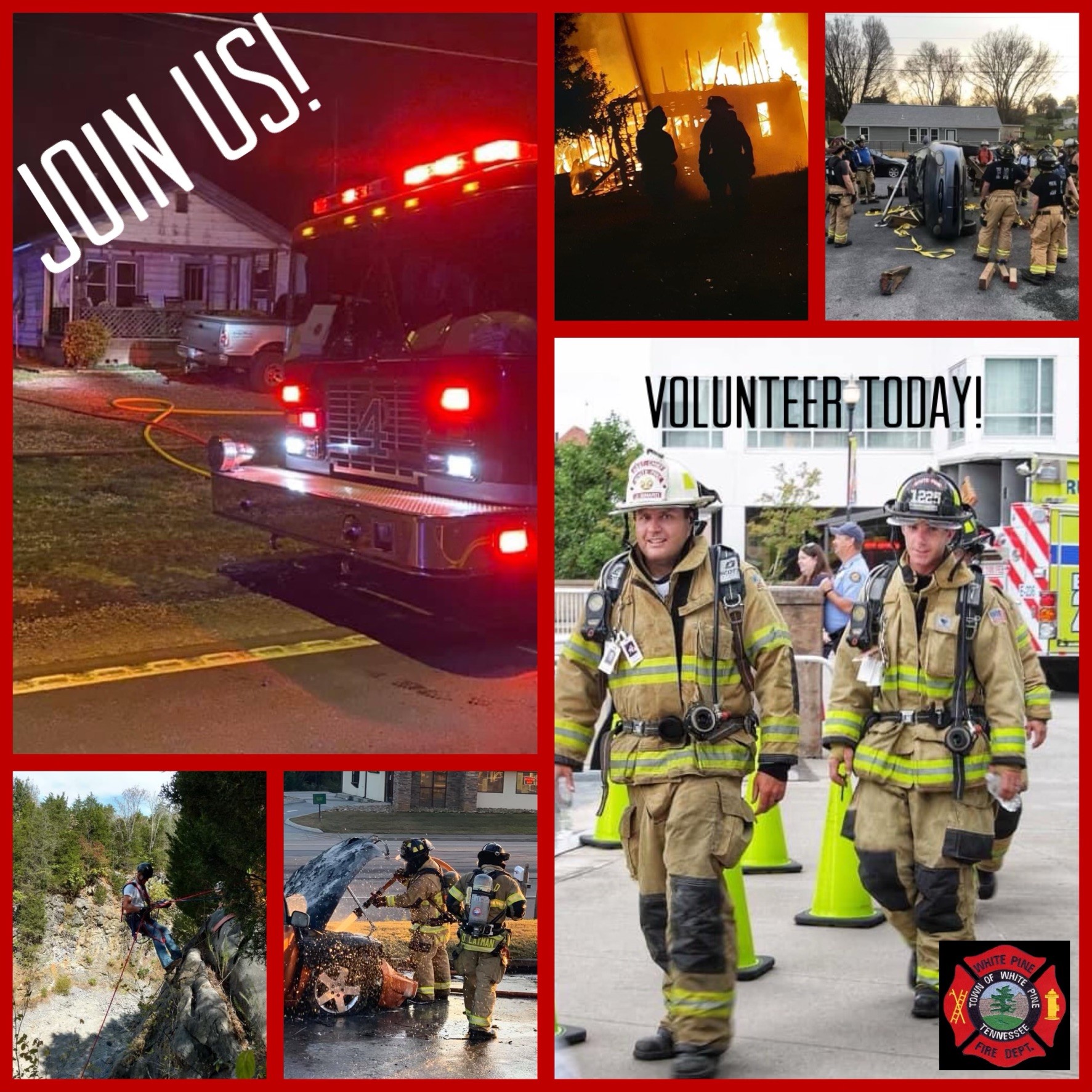 gallery of various photos of white pine fire department with the words "join Us" and "volunteer today" on it