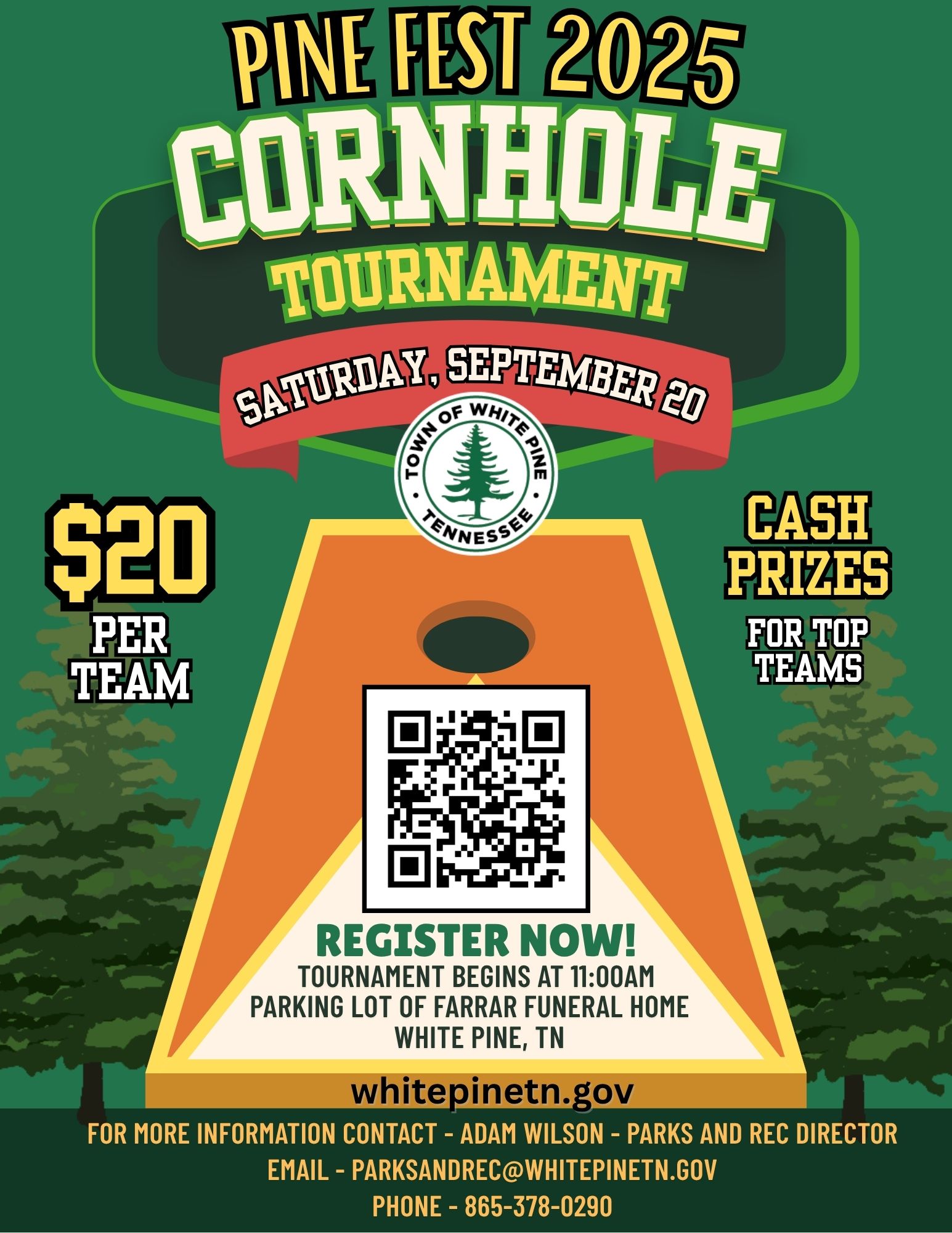 Infographic for Pine Fest 2025 Cornhole Tournament