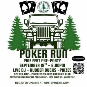 informational graphic for Poker Run the night before Pine Fest 2025 in White Pine TN