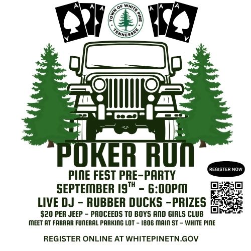 informational graphic for Poker Run the night before Pine Fest 2025 in White Pine TN