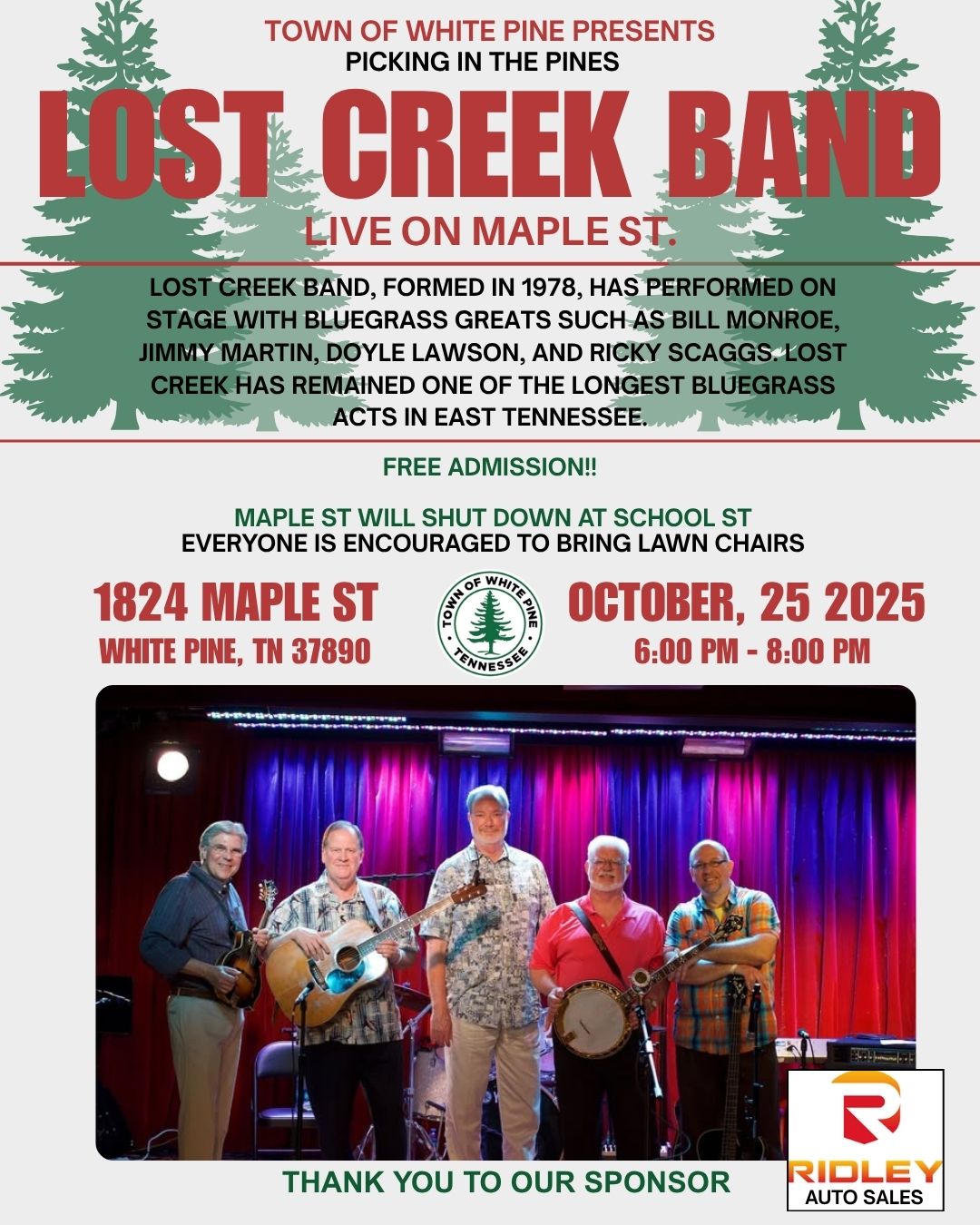 flyer for lost creek band and picking in the pines a white pine TN event